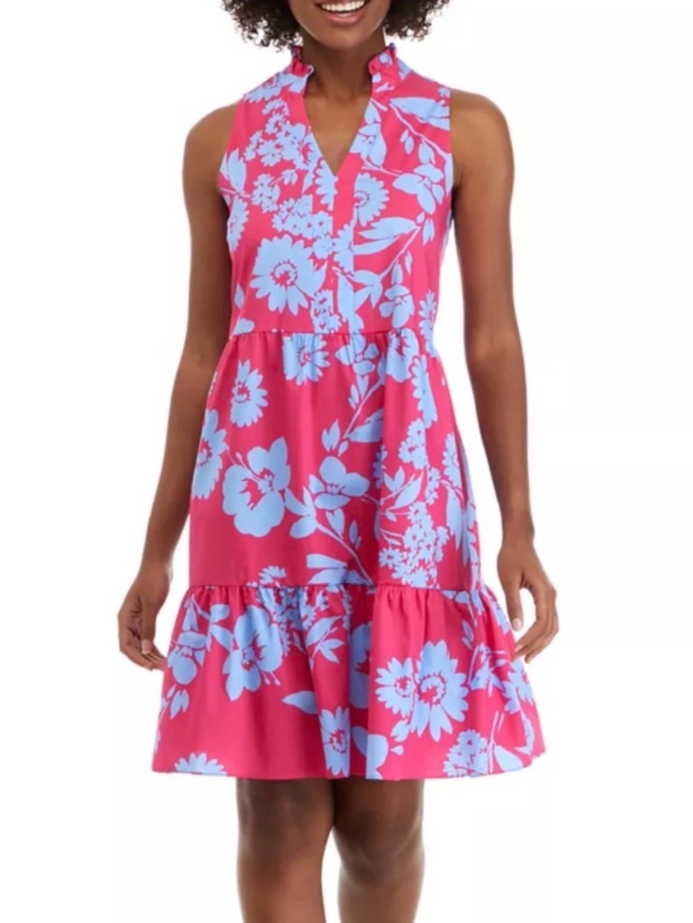 52seven Blue PinkFloral Split Neck Tiered Sleeveless Babydoll Dress Size Large